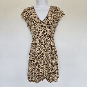 Lottie Moss Tan Leopard Print Smocked Open Back Mini Dress Sz XS Boho Flirty Y2K